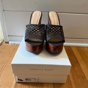 Veronica Beard Black Woven Mules with Brown Platform